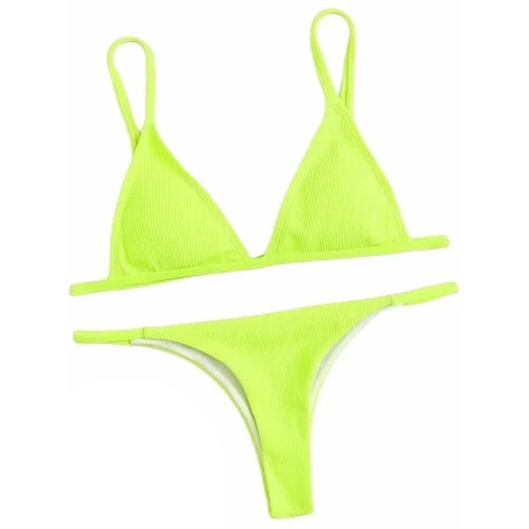 NEW! Neon Yellow Ribbed Strappy Triangle Bikini - Picture 11 of 13